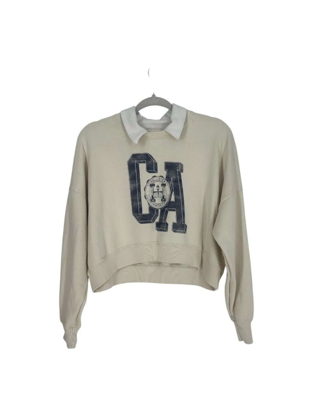 Hollister California Cropped Sweatshirt Medium Cream Layered Polo Varsity